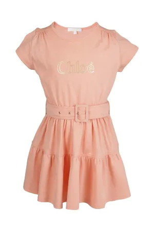 Chlo Kids Logo Printed Belted Waist Dress