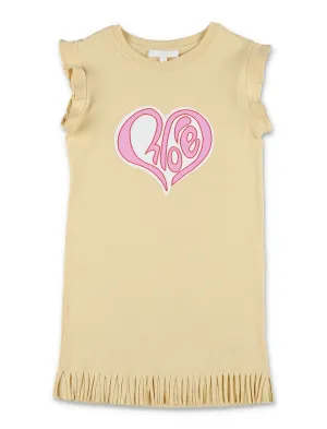 Chlo Kids Logo Printed Fringed Edge Dress