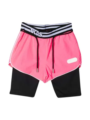 GCDS Kids Striped Logo Waistband Layered Shorts